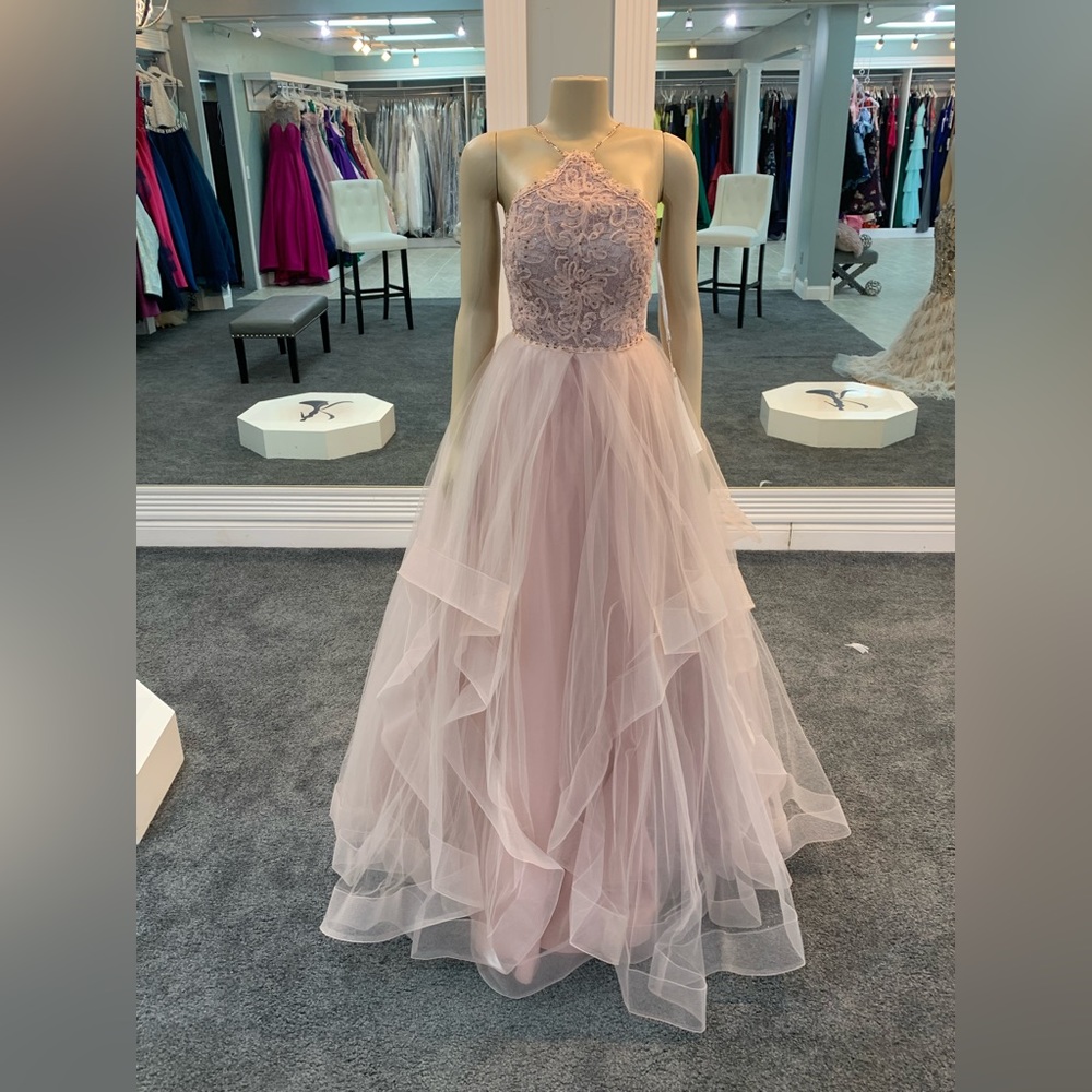 size 8. mauve color. halter top ballgown. lace embellishments. tulle bottom